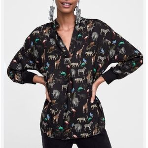 ZARA Black Blouse with Animal Print. EUC